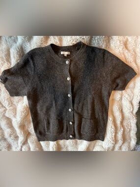 Design History 2X Brown Jeweled Button Short Sleeve Cardigan Sweater